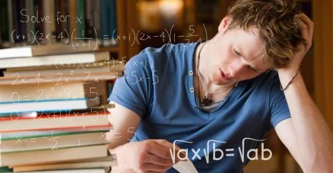 Digital composite image of various math equations by tensed college students Stock Photos