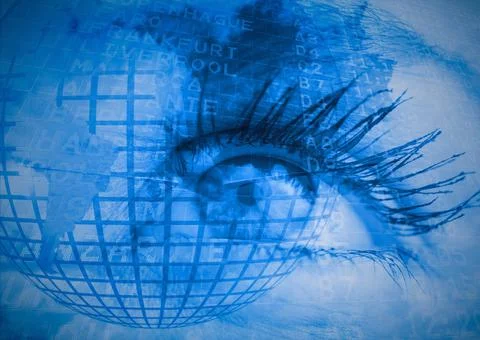 Digital composite image of web icon and world map against close up of female Stock Photos