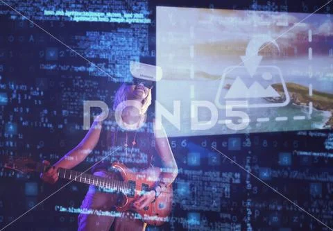 Digital composite image of woman using virtual reality headset while playing PSD Template