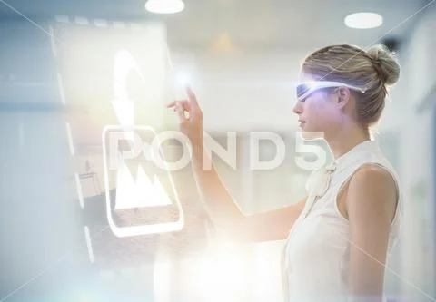 Digital composite image of woman using virtual reality glass PSD Template