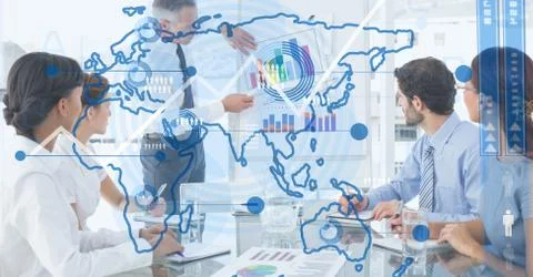 Digital composite image of world map with business people in background Foto stock