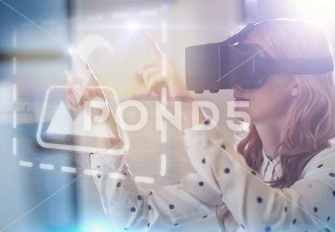 Digital composite image of a young woman using a virtual reality device in the PSD Template