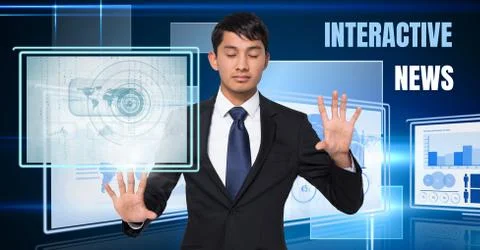 Digital composite of Interactive News text and Businessman touching and inter 스톡 사진