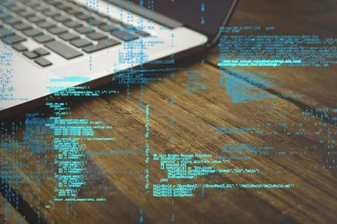 Digital composite of laptop with hacking graphic Foto stock