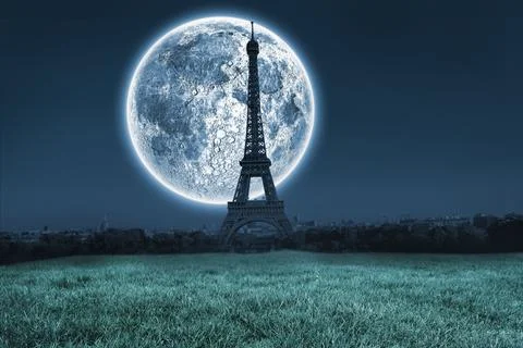 Digital composite of Large moon over paris Stock Illustration