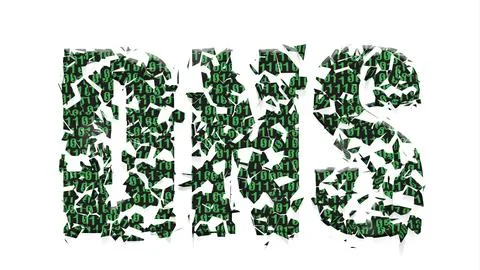 Digital composite. ..Letters DNS with an overlay of binary code and disintegr 库存插图