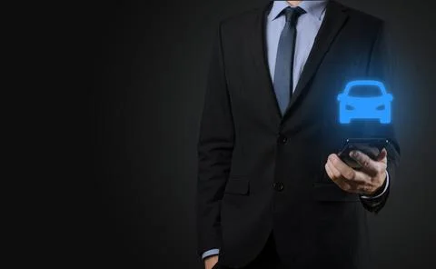 Digital composite of Man holding car icon.Car automobile insurance and car se Stockfoto's