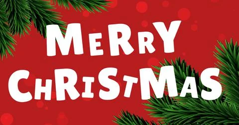 Digital composite of merry christmas text in white over pine needles and red Illustrazione stock