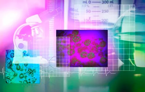 Digital composite of microscope, beaker, bacteria and electrocardiogram Stock Photos