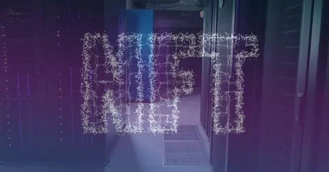 Digital composite of moving lines creating nft text against server room Foto stock