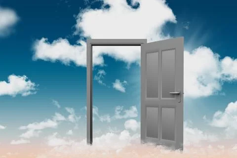 Digital composite of open door in sky イラスト素材