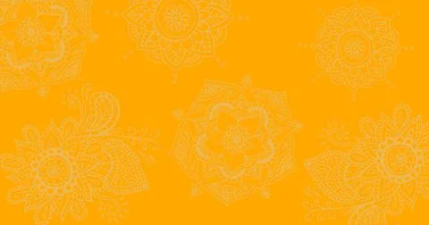 Digital composite of pastel abstract rangoli patterns on yellow background Stock Illustration