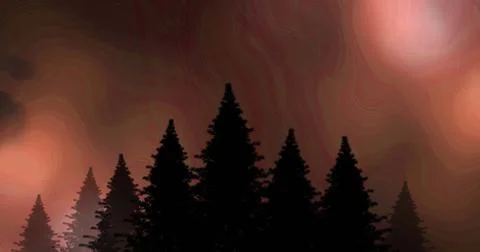 Digital composite of silhouette of pine trees with lightning in the sky and Stock Photos