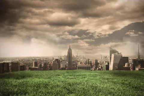 Digital composite of Stormy sky over city Stock Illustration
