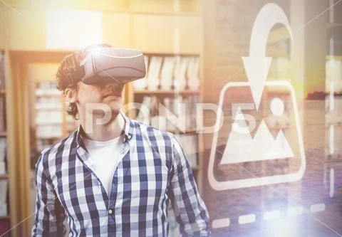 Digital composite of student using virtual reality headset in library at college PSD Template