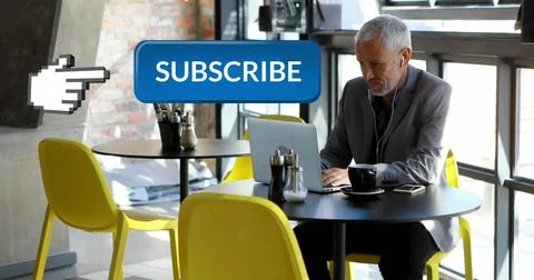 Digital composite of subscribe button with hand icon pointing towards it Stock Photos