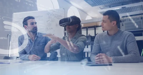 Digital composite of tech start up team wearing Virtual reality headset with Stock Footage 123895834