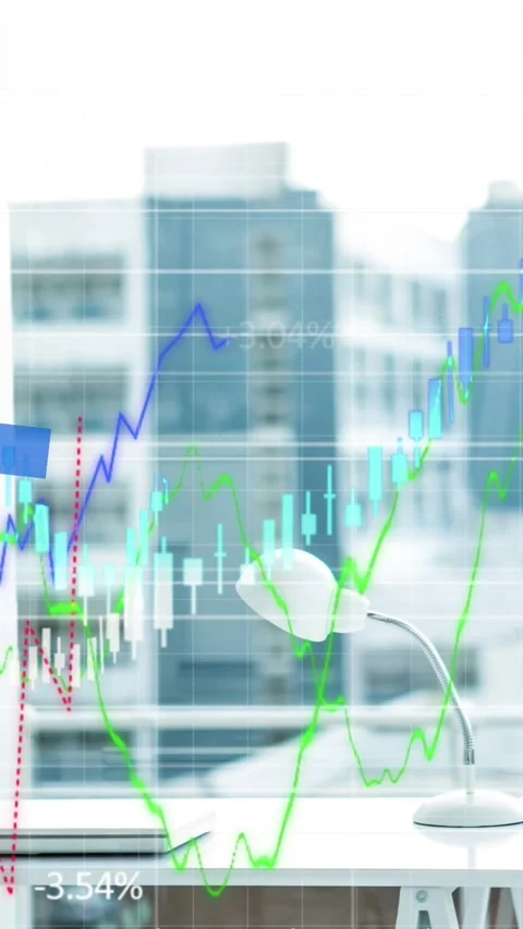 Digital composite video of blue graphs over financial data processing against Video stock 331630602