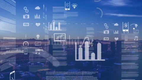 Digital composite video of digital interface with data processing against Stock Footage 144801904