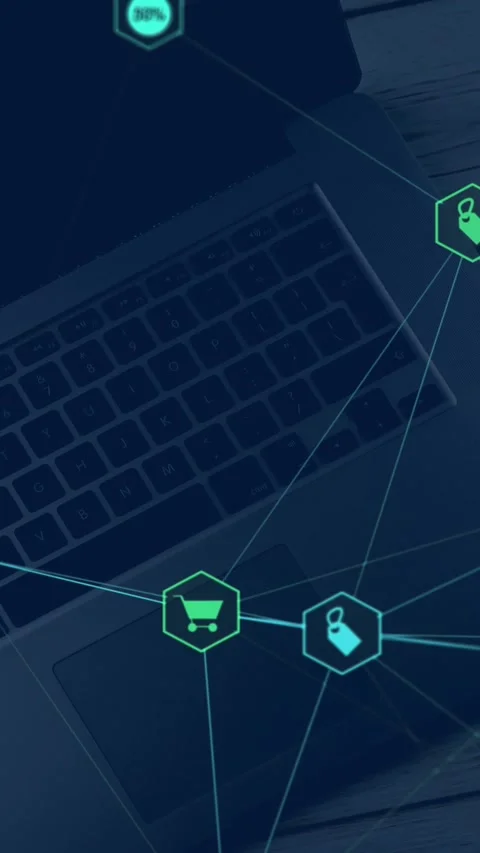 Digital composite video of digital social media interface icons against laptop 스톡 동영상 342594566