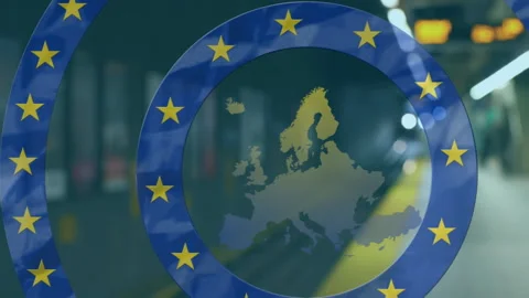 Digital composite video of EU flag and map moving against empty subway station Vídeo Stock 133592139