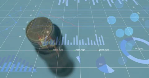 Digital composite video of financial data processing over stack of coins against Stock Footage 150048048
