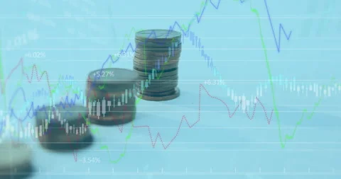 Digital composite video of financial data processing against stack of coins Stock Footage 150048752