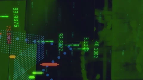 Digital composite video of financial data processing against empty office Stock Footage 312384413