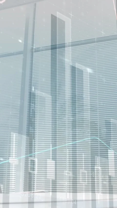 Digital composite video of financial data processing against empty office Stock Footage 331649571