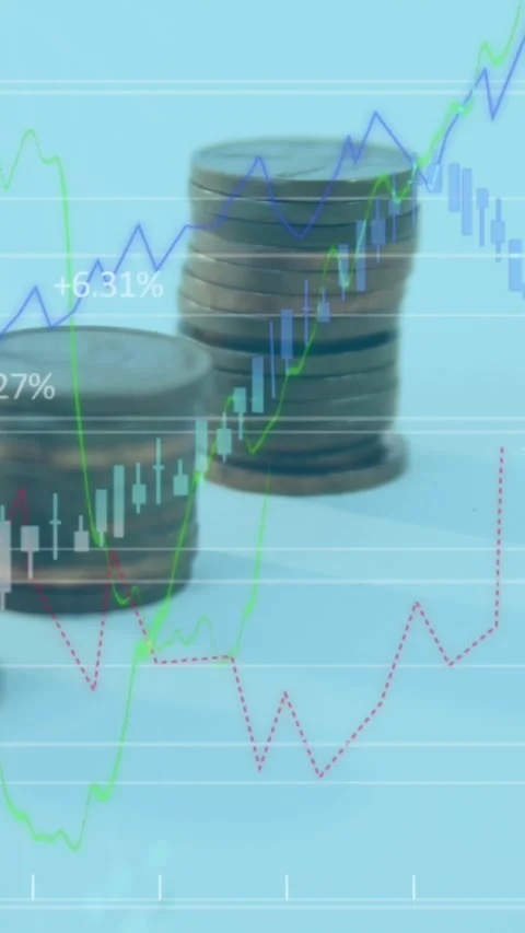 Digital composite video of financial data processing against stack of coins Stock Footage 342910826