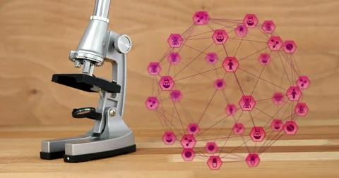 Digital composite video of network of connection with interface icons forming a Video stock 133592334