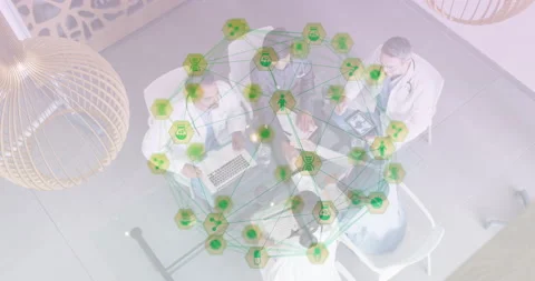 Digital composite video of network of connection with interface icons forming a Video stock 133592489