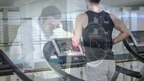 Digital composite video of scientist using microscope while man exercising on Video stock 94704757