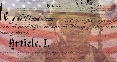 Digital composite video of us constitution text against waving us flag and Video stock 146583212