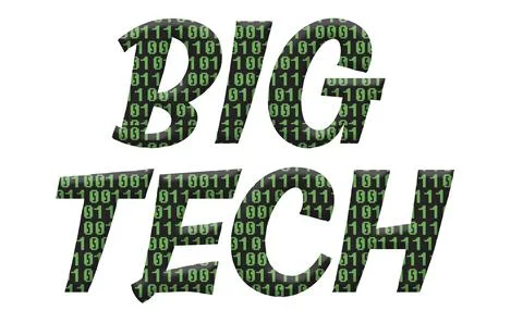 Digital composite ..The word Big tech with an overlay of binary computer scri Stock Illustration