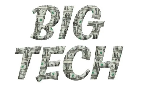 Digital composite ..The word Big tech with an overlay of American dollars...T Stock Illustration