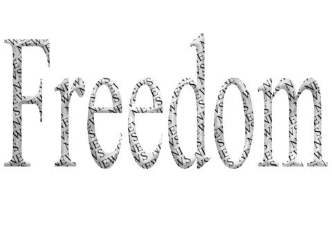 Digital composite. ..The word Freedom written in times roman font with an ove Stock Illustration