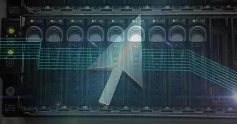 Digital composition of arrow icons and light trails against close-up view of Ilustração Stock