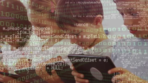 Digital composition of binary coding data processing against group of students Stock Footage 148273603