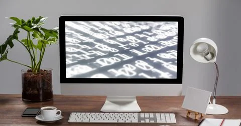 Digital composition of binary coding data processing on computer screen on Stock Illustration