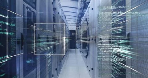 Digital composition of binary coding data processing against warehouse in Stock Photos