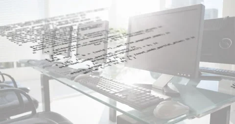 Digital composition of data processing against multiple computers in empty Stock Footage 146565736