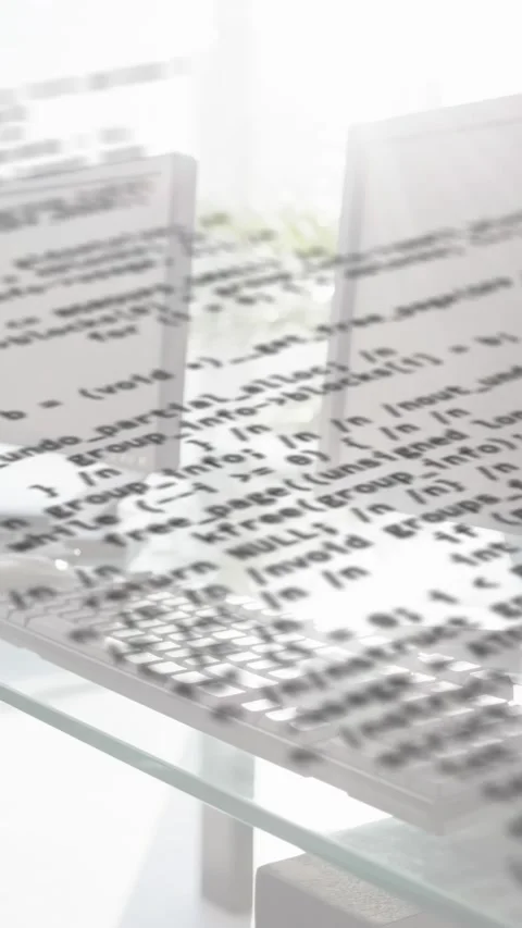 Digital composition of data processing against multiple computers in empty Stock Footage 343641615