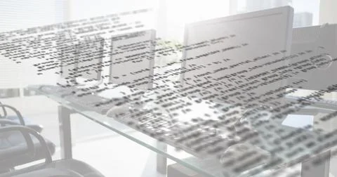 Digital composition of data processing against multiple computers in empty Illustrazione stock