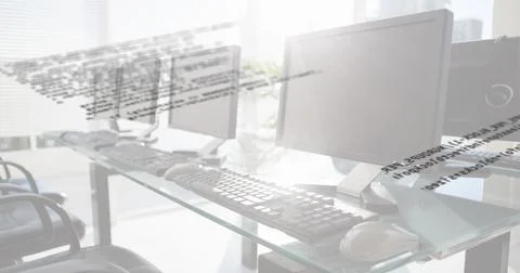 Digital composition of data processing against multiple computers in empty Illustrazione stock