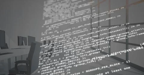 Digital composition of digital data processing against empty office in Illustrazione stock