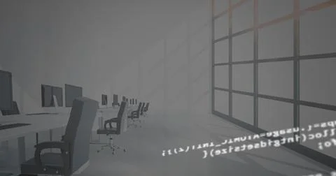 Digital composition of digital data processing against empty office in Illustrazione stock