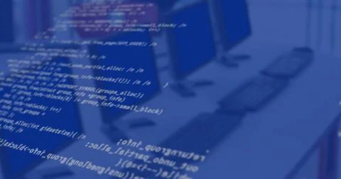 Digital composition of digital data processing against empty office in Illustrazione stock