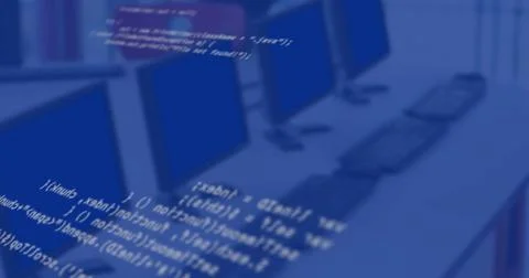 Digital composition of digital data processing against empty office in Illustrazione stock