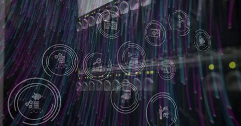 Digital composition of digital icons and light trails moving against close up of Stock Illustration